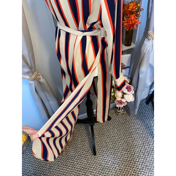 NWT $59.95 NY&C New York & Co Large Long Sleeve Nude Navy Blue Stripe Wrap Dress - Picture 4 of 12